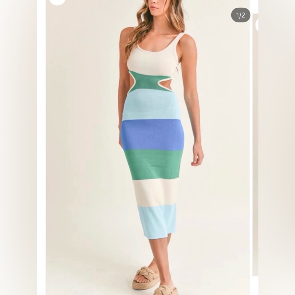 Pants Store Green and Blue Striped Midi Dress with Cut Out with Open Back